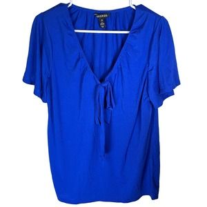 George Sz Large Gathered V Neck Front Knot Blue Blouse Short Sleeve